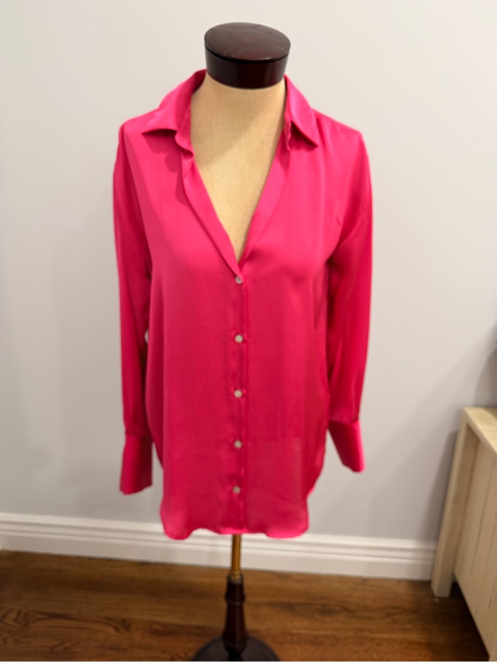 Zara Bright Pink Silk-Blend Button Front Blouse